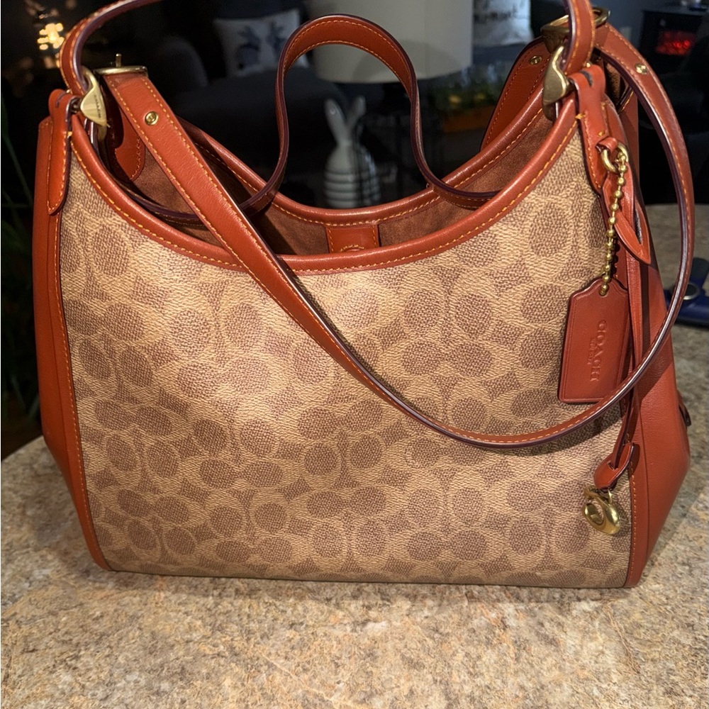 Coach Brown and Tan Signature Shoulder Bag